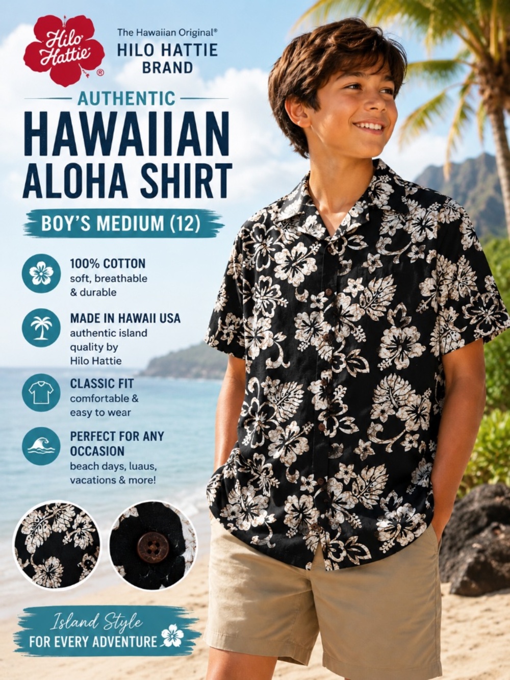 Hilo Hattie Hawaiian Aloha Shirt Boys M 12 Black Floral Coconut Buttons